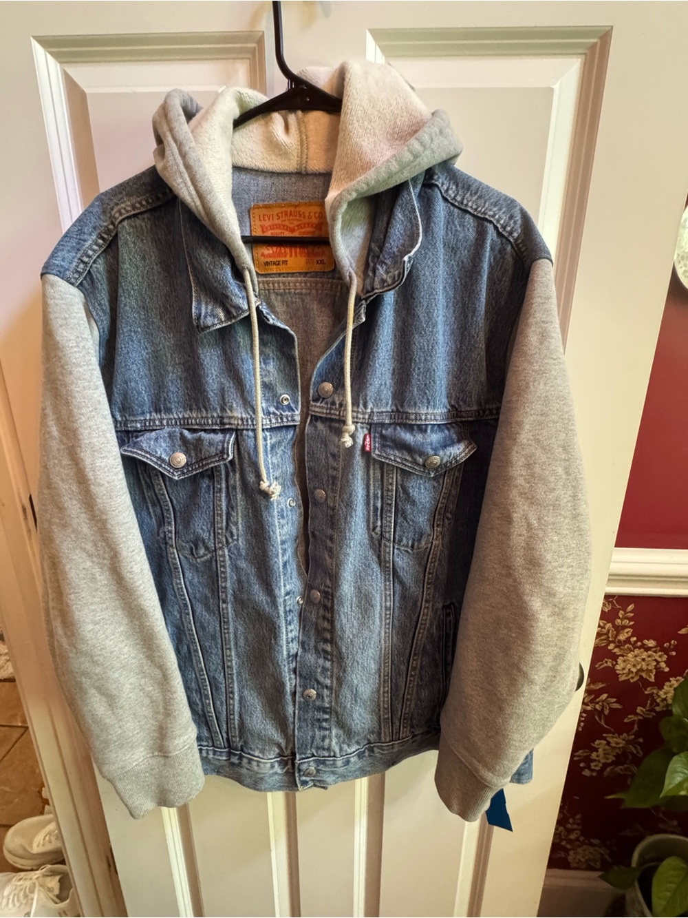 Levi's Blue Denim Jacket with Gray Hoodie Sleeves